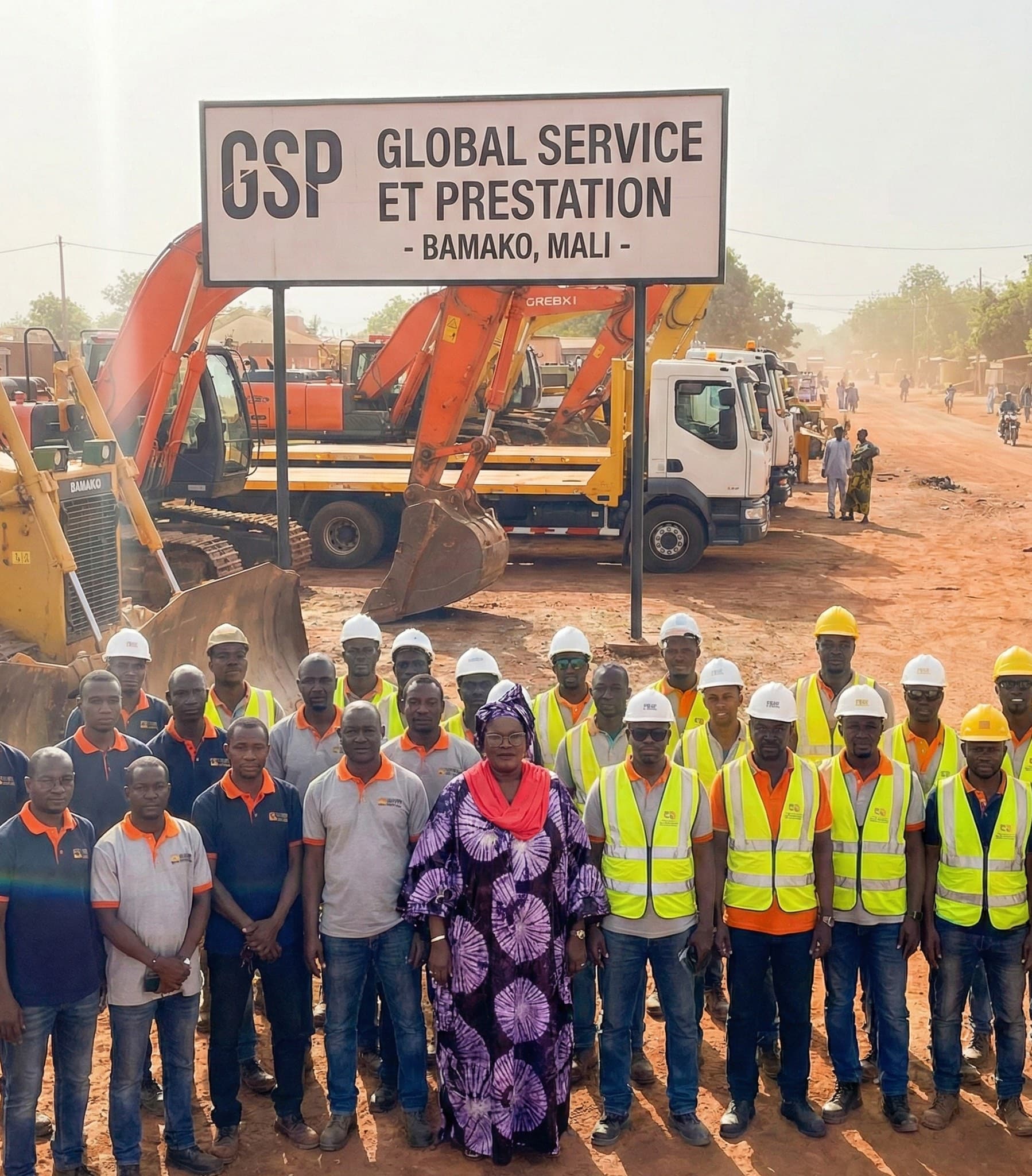 L'equipe GSP au complet devant le depot de Bamako, Mali - Mme Sidibe entouree de ses collaborateurs en tenue de chantier